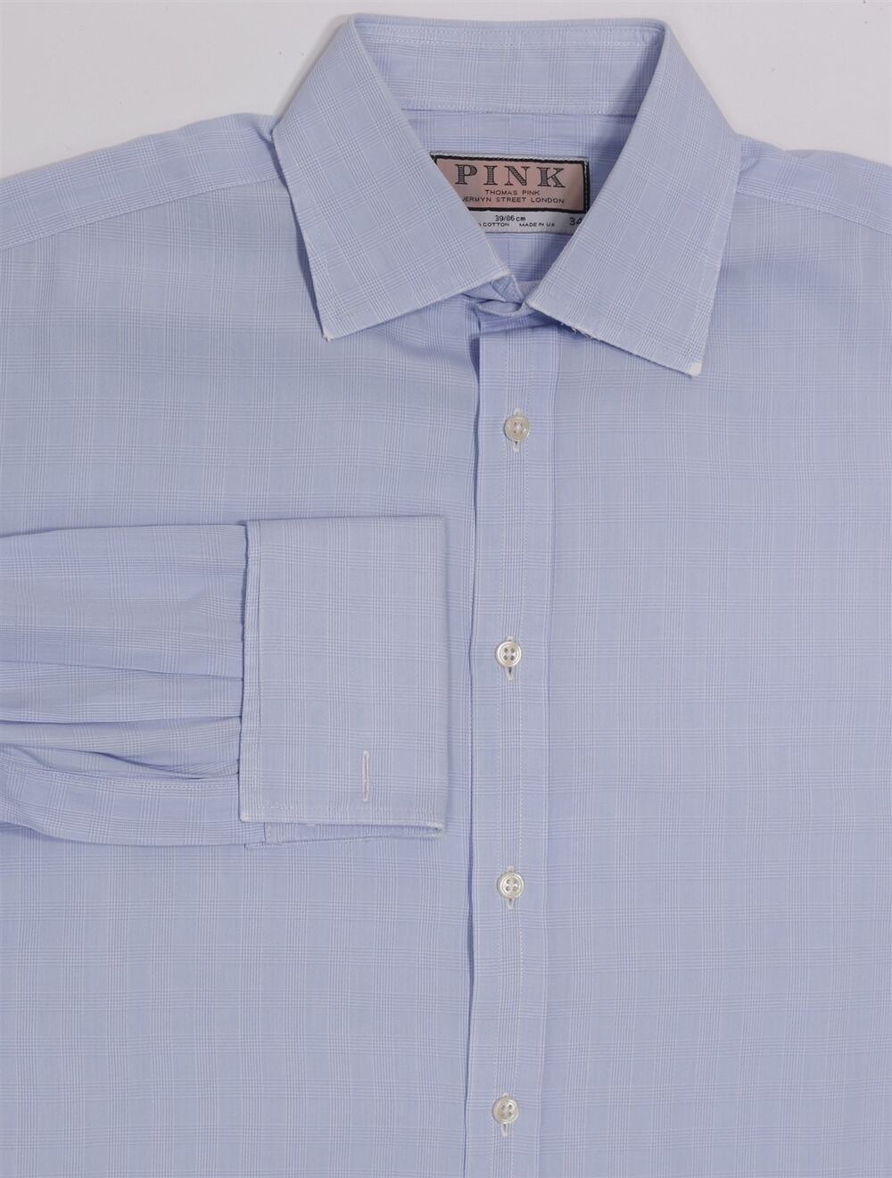 Thomas Pink Light Blue Plaid Cotton French Cuff Dress Shirt (39) 15.5-34